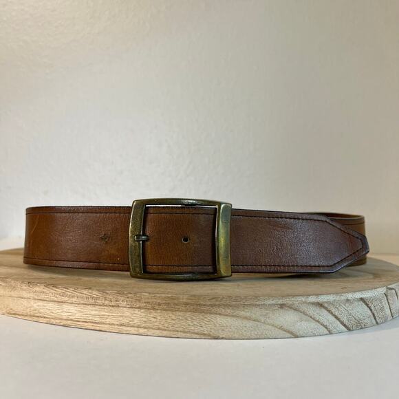 Vintage 90s Soft Tan Genuine Leather Chunky Brass Buckle Belt Size M/L - Picture 12 of 12
